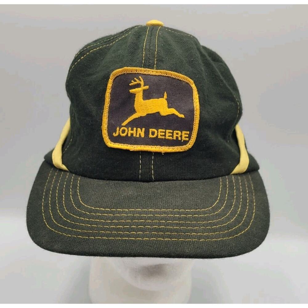 Vintage John Deere Fitted Medium Cap Hat Winter Ear Neck‎ Flap Black Swingster
